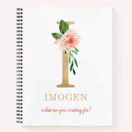 Monogram Gold Letter I | Blumenmotto oder Zitat Notizbuch