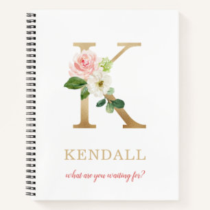 Monogram Gold Letter K   Blumenmotto oder Zitat Notizbuch