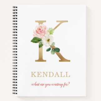 Monogram Gold Letter K | Blumenmotto oder Zitat Notizbuch