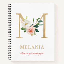 Monogram Gold Letter M | Blumenmotto oder Zitat Notizbuch