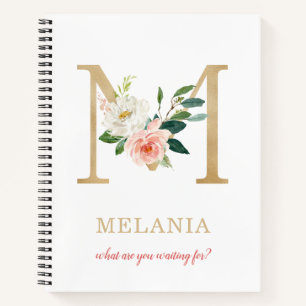 Monogram Gold Letter M Blumenmotto oder Zitat Notizbuch
