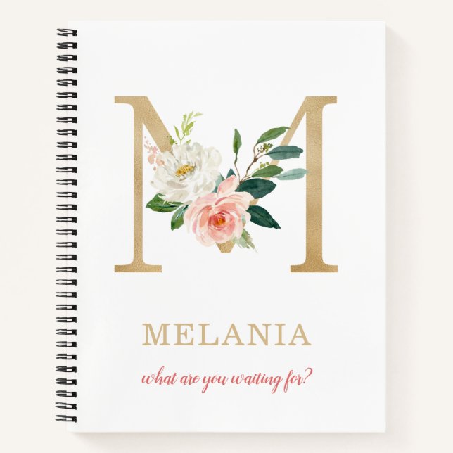 Monogram Gold Letter M | Blumenmotto oder Zitat Notizbuch (Vorderseite)