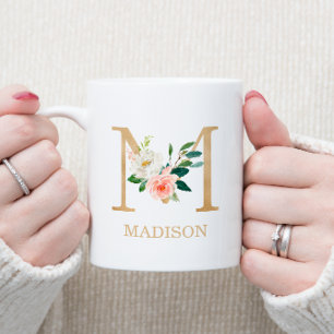 Monogram Gold Letter M   Florrosa weiß grün Kaffeetasse