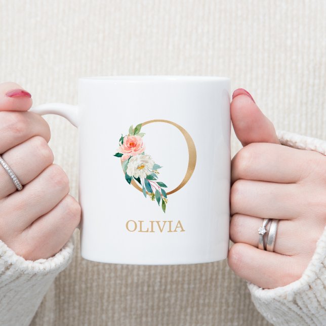 Monogram Gold Letter O | Florrosa weiß grün Kaffeetasse (Von Creator hochgeladen)