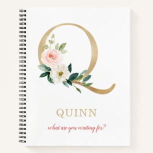 Monogram Gold Letter Q Blumenmotto oder Zitat Notizbuch