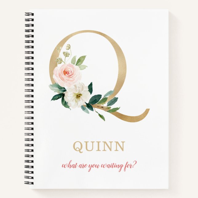 Monogram Gold Letter Q | Blumenmotto oder Zitat Notizbuch (Vorderseite)