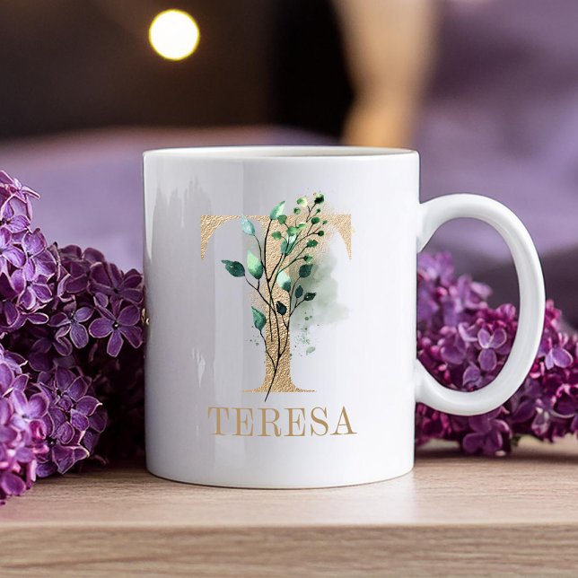 Monogram Gold Letter T Watercolor Floral Kaffeetasse (Von Creator hochgeladen)