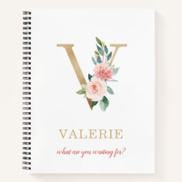 Monogram Gold Letter V | Blumenmotto oder Zitat Notizbuch