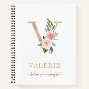 Monogram Gold Letter V   Blumenmotto oder Zitat Notizbuch