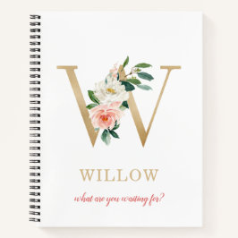 Monogram Gold Letter W | Blumenmotto oder Zitat Notizbuch