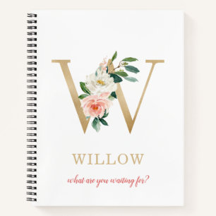 Monogram Gold Letter W   Blumenmotto oder Zitat Notizbuch