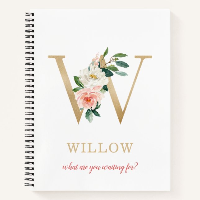 Monogram Gold Letter W | Blumenmotto oder Zitat Notizbuch (Vorderseite)
