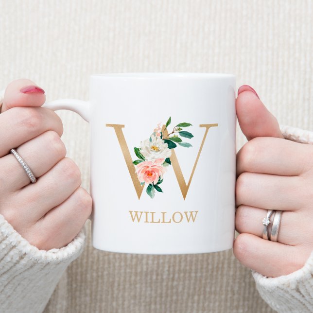 Monogram Gold Letter W | Florrosa weiß grün Kaffeetasse (Von Creator hochgeladen)