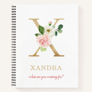 Monogram Gold Letter X Blumenmotto oder Zitat Notizbuch