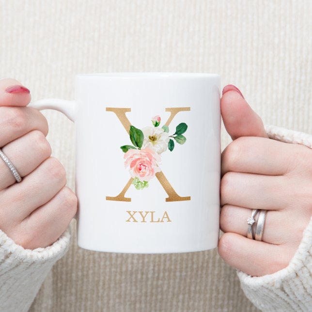 Monogram Gold Letter X | Florrosa weiß grün Kaffeetasse (Von Creator hochgeladen)