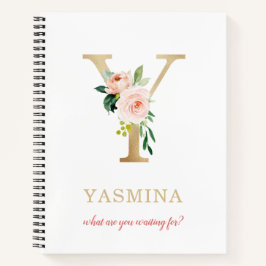 Monogram Gold Letter Y | Blumenmotto oder Zitat Notizbuch