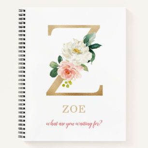 Monogram Gold Letter Z   Blumenmotto oder Zitat Notizbuch