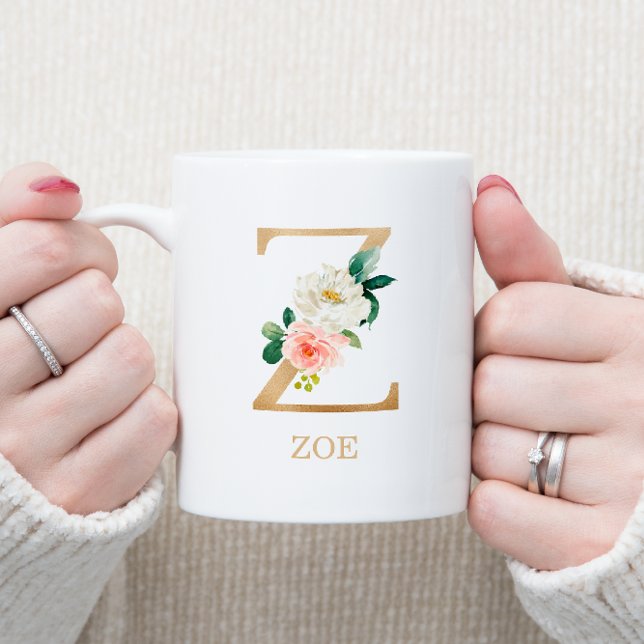 Monogram Gold Letter Z | Florrosa weiß grün Kaffeetasse (Von Creator hochgeladen)