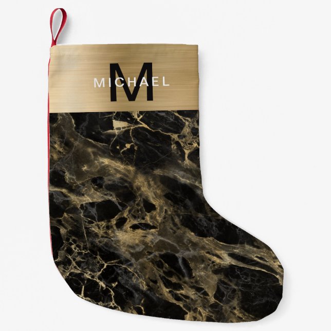 Monogram Gold Metallic Black Marble Kleiner Weihnachtsstrumpf (Vorderseite)
