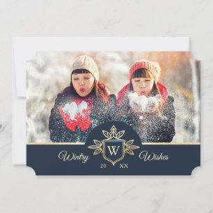Monogram Gold & Navy Foto der Elegant & Regal Fami Feiertagskarte