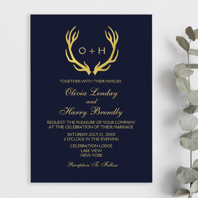 Monogram Gold Navy White Weditation Einladung (Stylishly Personalize with Your Monogram Initials, Names & Wedding Event Information.)