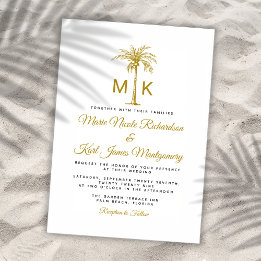Monogram Gold Palm Tree Formal Beach Wedding Einladung