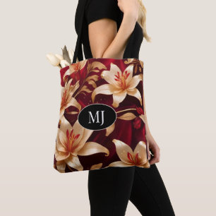 Monogram Gold Pink Lilie auf Roter Seide Tote Bag