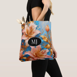 Monogram Gold Pink Lilie auf Sky Blue Silk Tote Ba