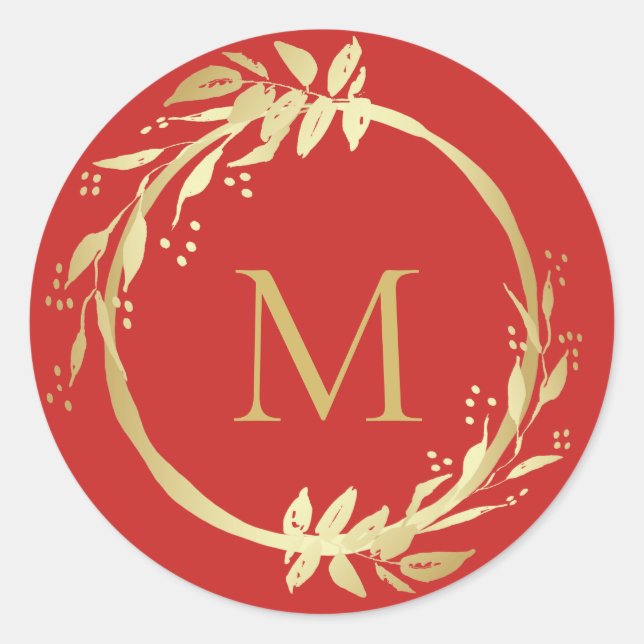 Monogram Gold Red Christmas Wreath Umschlag Aufkle Runder Aufkleber (Vorderseite)