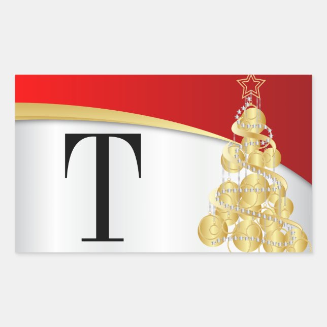 Monogram Gold & Red Frohe Weihnachten Rechteckiger Aufkleber (Vorderseite)