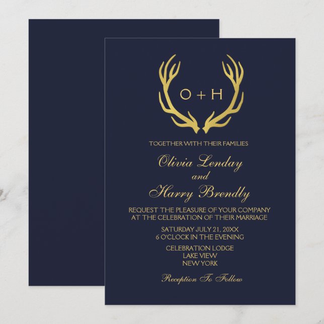 Monogram Gold Rustic Antlers Wedding Einladung (Vorne/Hinten)
