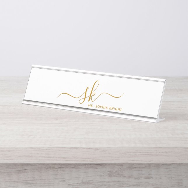 Monogram Gold Script Calligrafy Modern Custom Schreibtischnamensplakette (Vorderseite )
