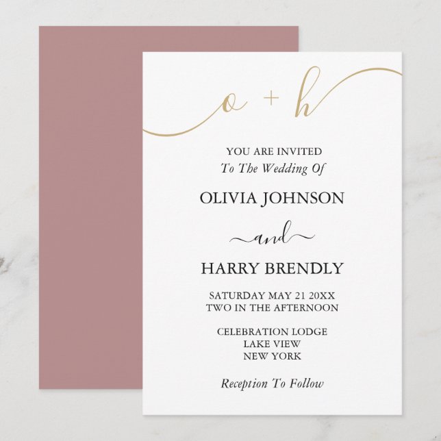 Monogram Gold Script Dusty Rose Einladung Hochzeit (Vorne/Hinten)