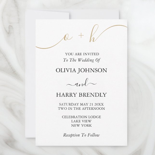 Monogram Gold Script White Wedding Einladung (Stylishly Personalize with Your Monogram Initials & Custom Wedding Information.)