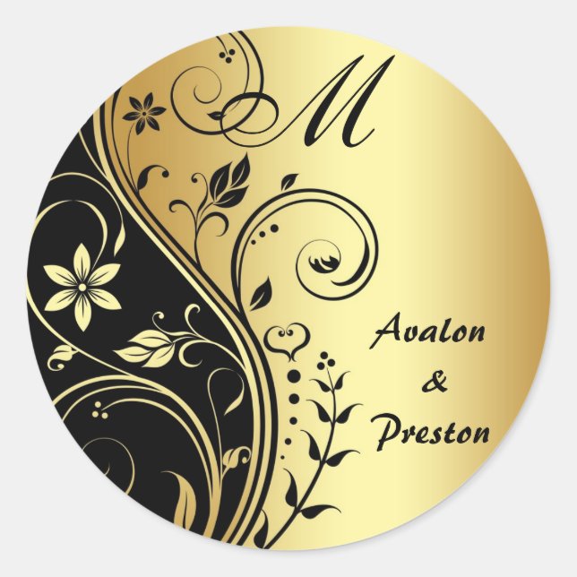 Monogram Gold Scrollwork Blume Wedding Sticker (Vorderseite)