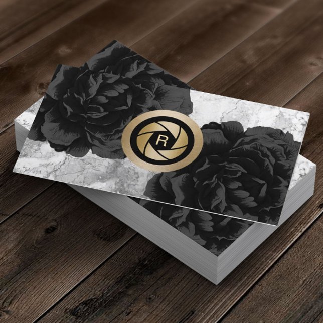 Monogram Gold Shutter Black Floral Visitenkarte (Von Creator hochgeladen)