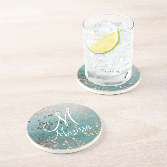 Monogram Gold Stars auf Aquamarinen Getränkeuntersetzer (Seite)