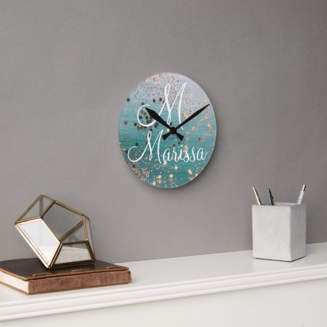 Monogram Gold Stars auf Aquamarinen               Quadratische Wanduhr (Büro)