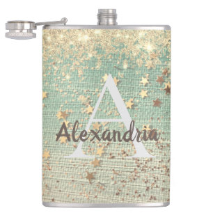Monogram Gold Stars auf Sea Green Flask Flachmann
