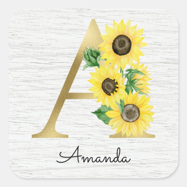 Monogram Gold Sunflower Girly Floral Initial A Quadratischer Aufkleber (Vorderseite)