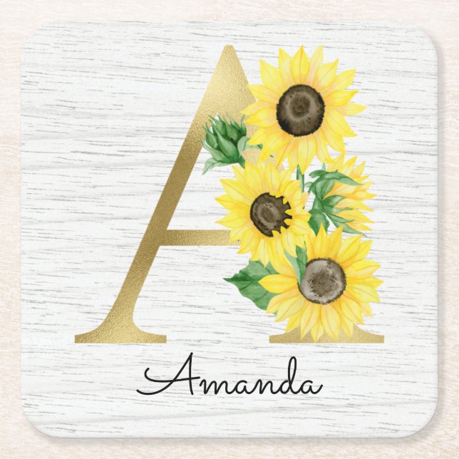 Monogram Gold Sunflower Girly Floral Initial A Rechteckiger Pappuntersetzer (Vorderseite)
