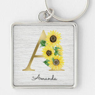 Monogram Gold Sunflower Girly Floral Initial A Schlüsselanhänger