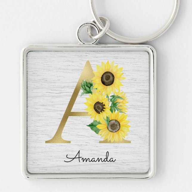 Monogram Gold Sunflower Girly Floral Initial A Schlüsselanhänger (Vorne)