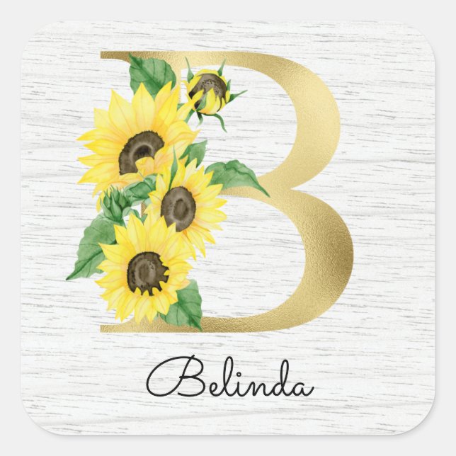 Monogram Gold Sunflower Girly Floral Initial B Quadratischer Aufkleber (Vorderseite)
