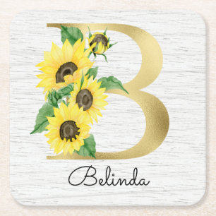 Monogram Gold Sunflower Girly Floral Initial B Rechteckiger Pappuntersetzer