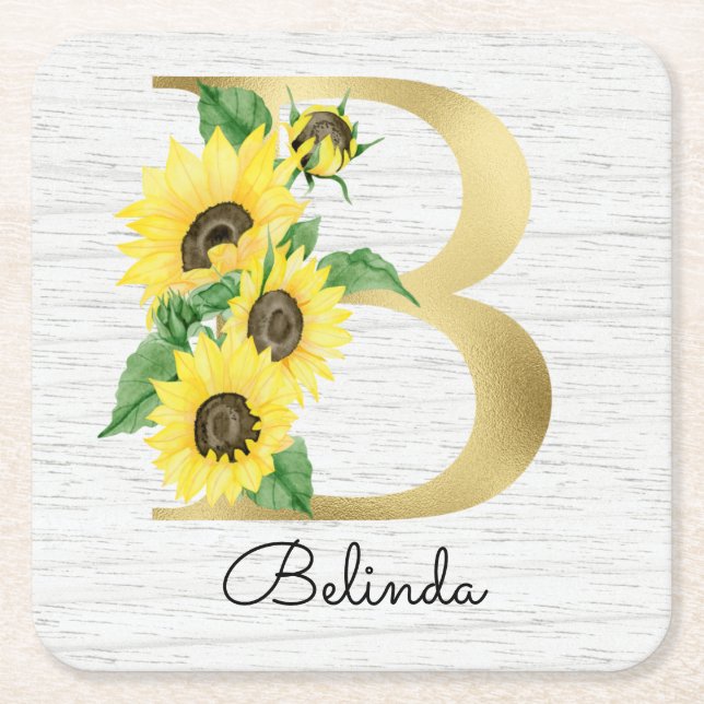 Monogram Gold Sunflower Girly Floral Initial B Rechteckiger Pappuntersetzer (Vorderseite)