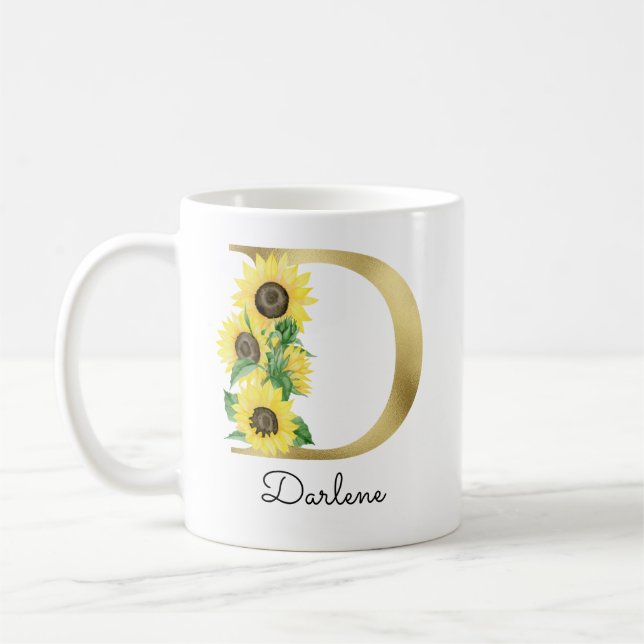 Monogram Gold Sunflower Girly Floral Initial D Kaffeetasse (Links)