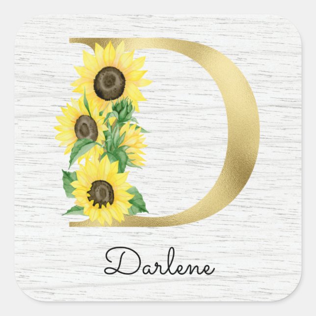 Monogram Gold Sunflower Girly Floral Initial D Quadratischer Aufkleber (Vorderseite)