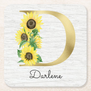 Monogram Gold Sunflower Girly Floral Initial D Rechteckiger Pappuntersetzer