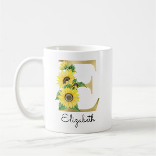 Monogram Gold Sunflower Girly Floral Initial E Kaffeetasse